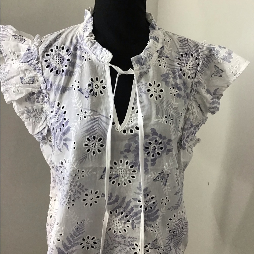 Solitaire White Top with Lavender Floral Eyelet and Tie Front